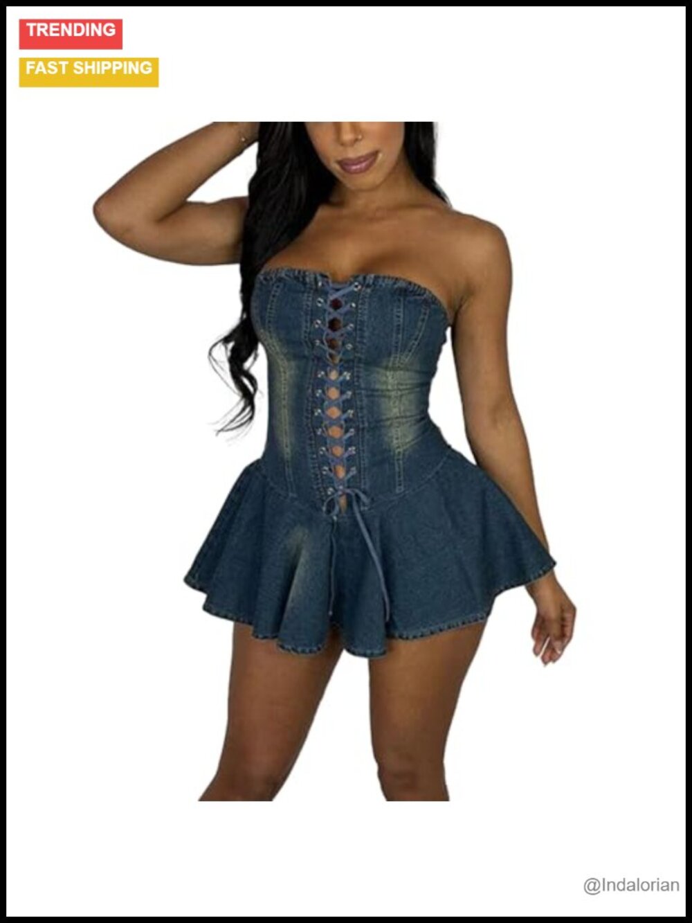 Strapless Denim Tube Mini Dress Bodycon Ruffled Hem Corset Jean Dress